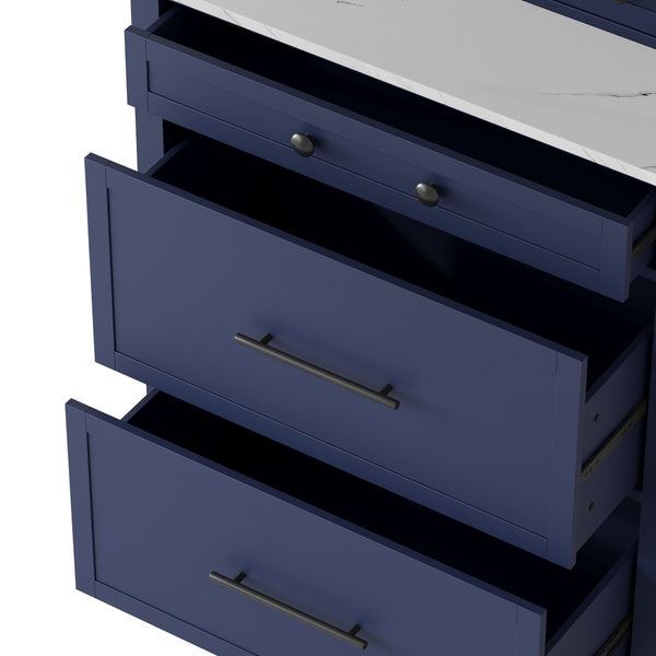 English Elm Topmax Freestanding Tall Pantry Cabinet Faux Marble Top 5 Drawers Modern Kitchen Hutch Blue N717S000075C