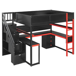 English Elm Full Size Gaming Loft Bed with Led Lighting Desk Shelves and Usb Charging Ports N820S00071J