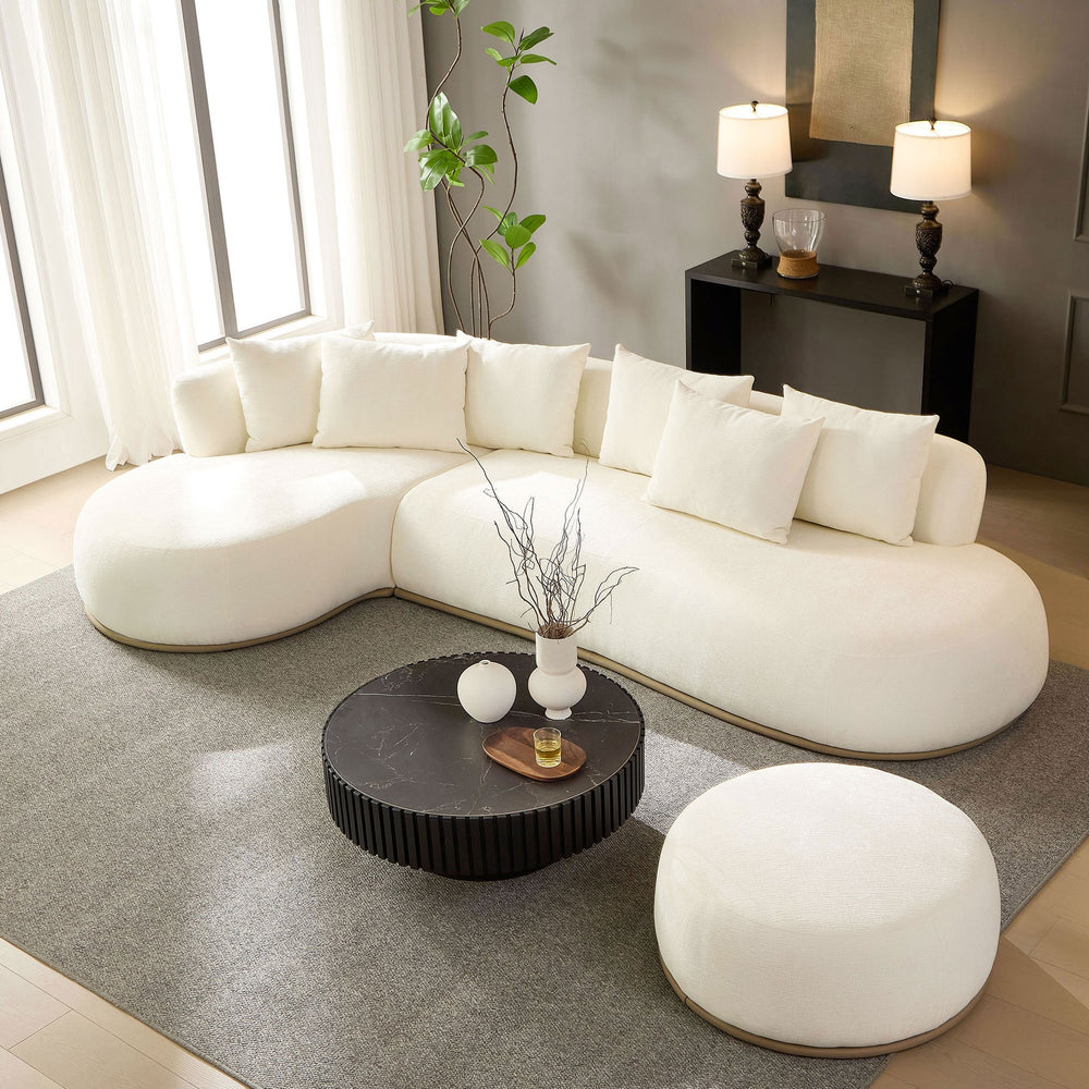 English Elm 134.6" Oversized L-Shaped Sectional Sofa with Ottoman, Beige, No Assembly, 6 Pillows, Deep Seats, Modern Comfort W3208S00002