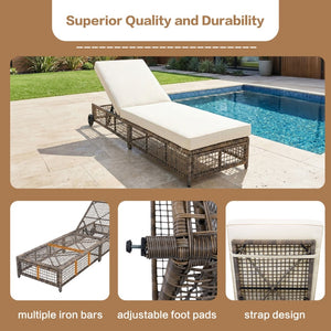 English Elm Trexm Outdoor Pe Rattan Chaise Lounge Iron Frame Poolside Chair with Adjustable Backrest Beige,Grey Brown TM000016AAN