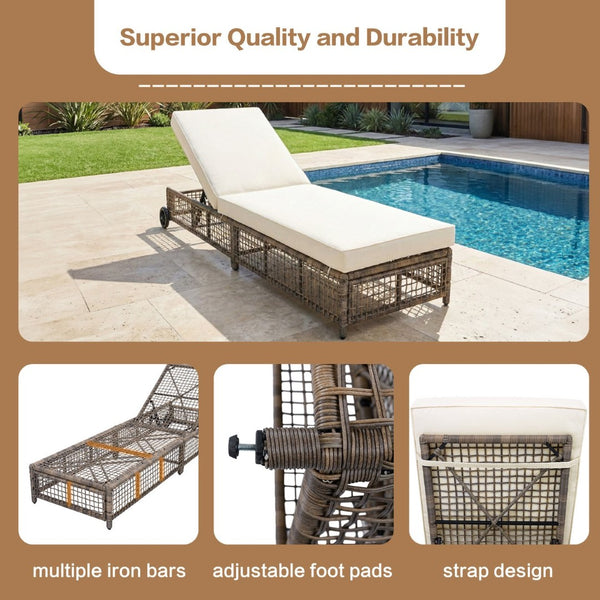 English Elm Trexm Outdoor Pe Rattan Chaise with Adjustable Backrest Cushion and Wheels for Poolside Beige,Grey Brown N715P207900N