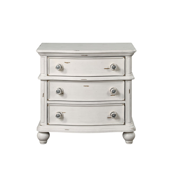 English Elm Jaqueline Antique White Nightstand with 3 Drawers, Felt-Lined Top, Wooden Bun Legs, 40lb Top Capacity B2726P287327