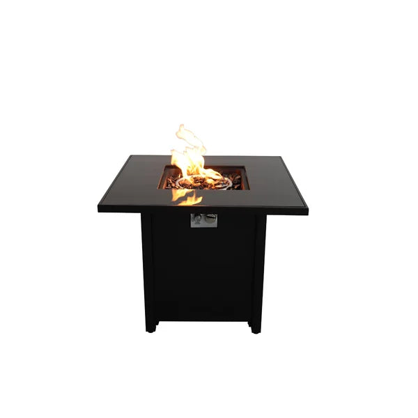 English Elm 30" Powder-Coated Metal Fire Pit Table with Smoked Glass Shield, 40,000 BTU, Lava Rocks Included Black B120S00051