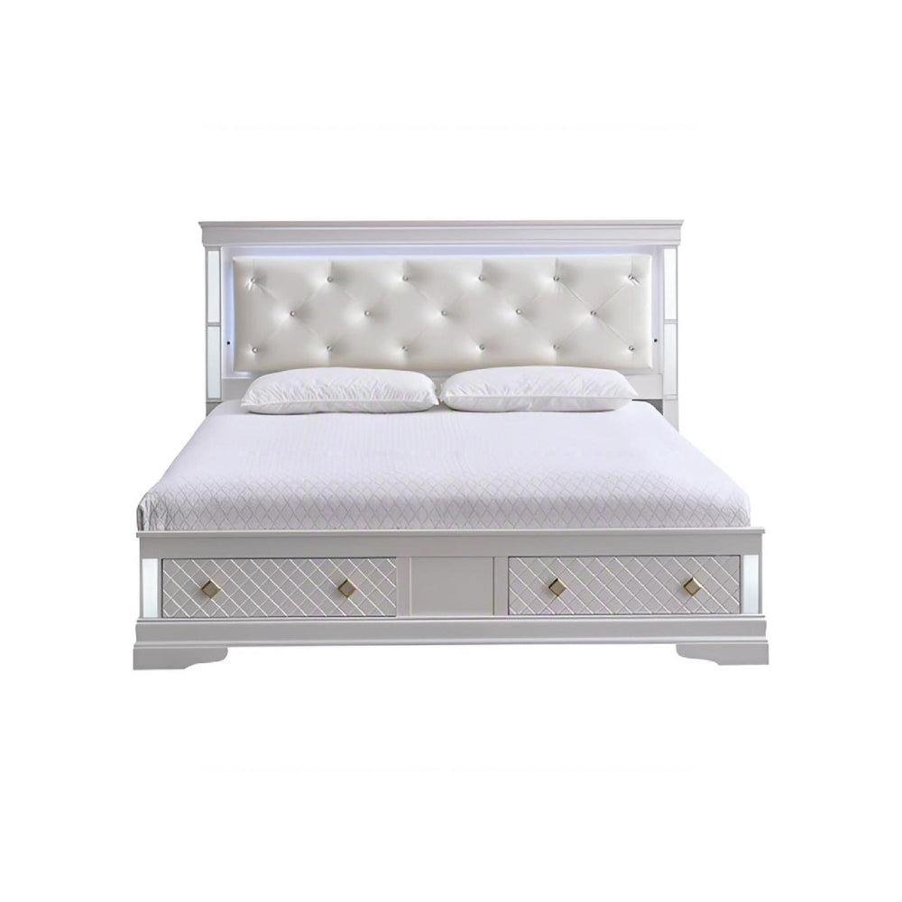 English Elm Verona Modern Pearl White Queen Bed With Tufted Headboard And Built-In Storage Drawers, Led Lights B078S00642-GIGA