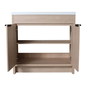 English Elm 36 Inch Freestanding Vanity with White Resin Sink, Soft-Close Doors, Adjustable Shelf, Water-Resistant Finish W999S00277