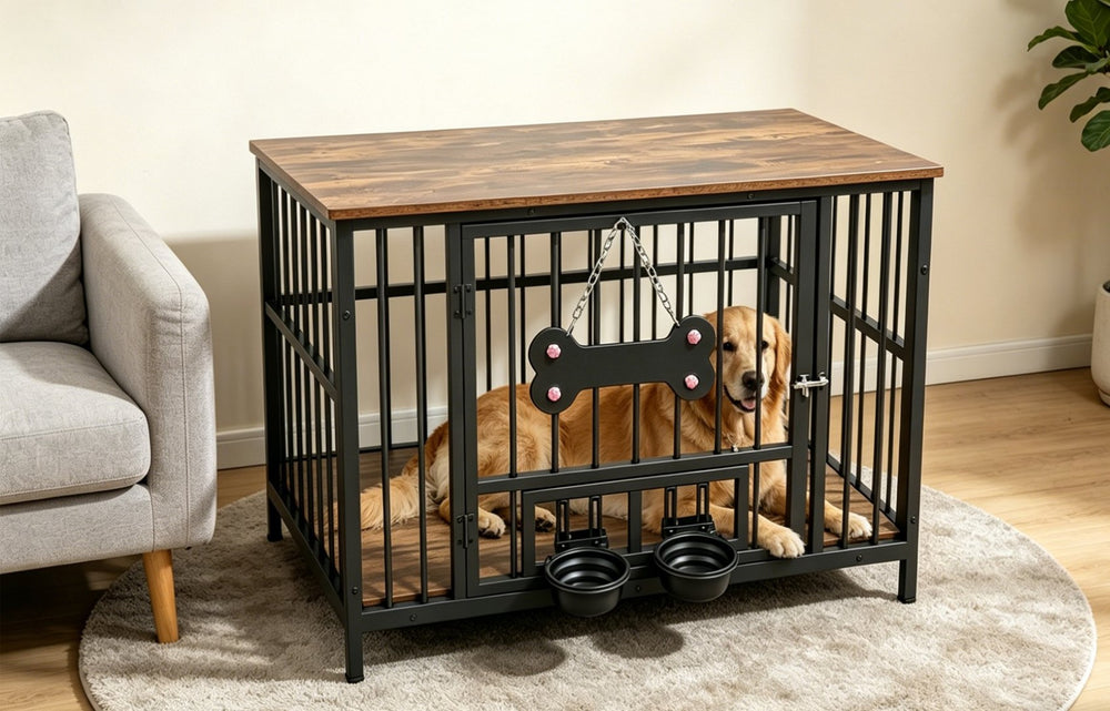 English Elm Vintage Wood Grain Dog Crate with Rotating Steel Bowls for Living Room Decor W5109P495175