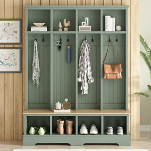 English Elm ON-TREND Farmhouse 59" Wide Hall Tree with 8 Hooks, Rustic Bench & Open Compartments for Organized Entryway Green N721P292601M