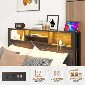English Elm Full Size Metal Bed Frame with RGB Headboard, USB Charging, 10.6" Under-Storage, Quiet Assembly W840P201068