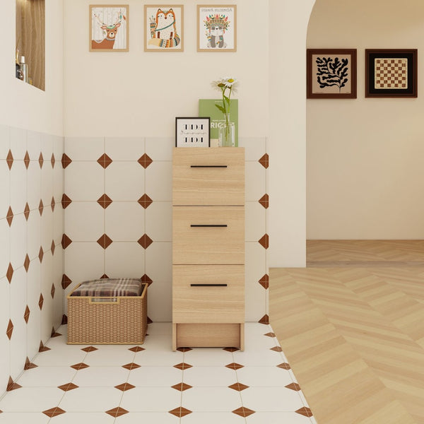 English Elm 12" Wall-mounted Oak Plywood Bathroom Linen Cabinet Slim Floating Single Door Storage W3450P440610