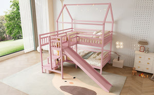 English Elm Full Bunk Bed with Trundle Bookshelf Storage Pine Frame Car Design for Kids Pink W1580S00304