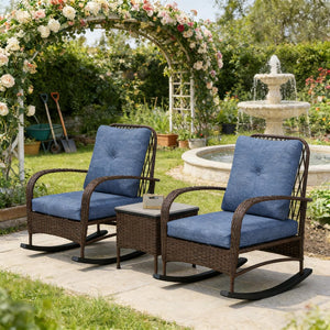 English Elm Balcony Wicker Rocking Chair Set Pe Rattan Bistro Seating with Tufted Cushions T3971P446005