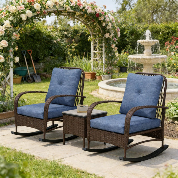 English Elm Balcony Wicker Rocking Chair Set Pe Rattan Bistro Seating with Tufted Cushions T3971P446005