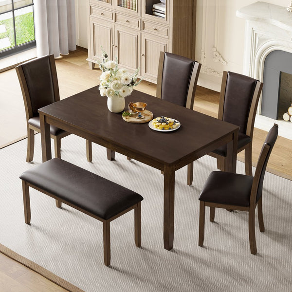 English Elm 6-Piece Farmhouse Dining Table Set With Bench & Chairs, Rustic Dark Walnut Finish For 6 People W1998S00065