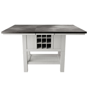 English Elm Antique Counter Height Dining Table 60" with 18" Leaf, Distressed White-Grey Finish, Built-In Wine Storage B011S01887