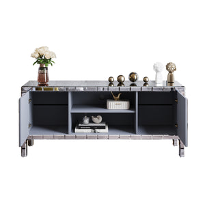 English Elm 60" Mirrored TV Stand with Crushed Diamond Doors, 64" Solid Wood Media Console w/ Open Shelves & Antique Silver Glam Storage W1445P301422