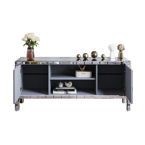 English Elm 60" Mirrored TV Stand with Crushed Diamond Doors, 64" Solid Wood Media Console w/ Open Shelves & Antique Silver Glam Storage W1445P301422