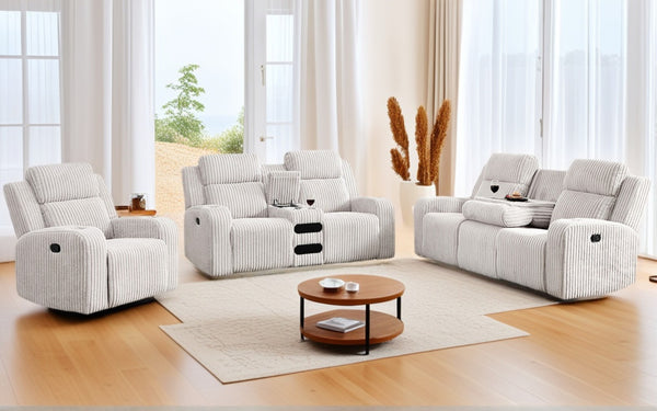 English Elm Recliner Sofa Set with Corduroy Upholstery Bluetooth Speaker Usb Wireless Charging Living Room Grey W3900S00003