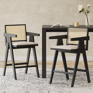 English Elm Christopher Knight Home® - 27" Woven Cane Back Bar Stool with Foam-Padded Polyester Seat, Durable Rubberwood Frame, 300lb Capacity Black+Natural,Cream Grey N780P237930B