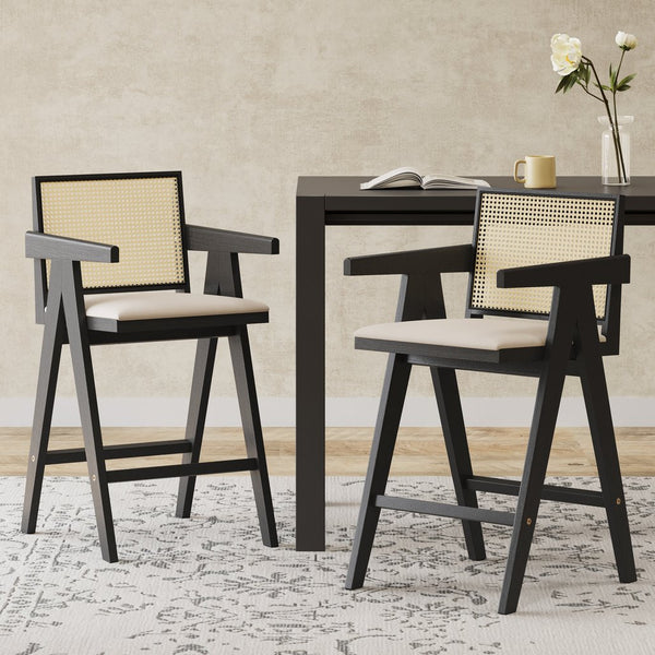 English Elm Christopher Knight Home® - 27" Woven Cane Back Bar Stool with Foam-Padded Polyester Seat, Durable Rubberwood Frame, 300lb Capacity Black+Natural,Cream Grey N780P237930B