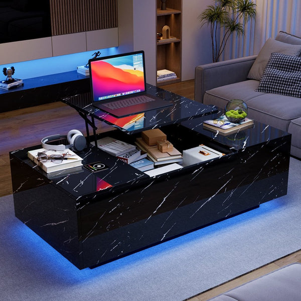 English Elm Coffee Table with Led Lighting Bluetooth Speaker Wireless Charging and Faux Marble Top T3773P415730