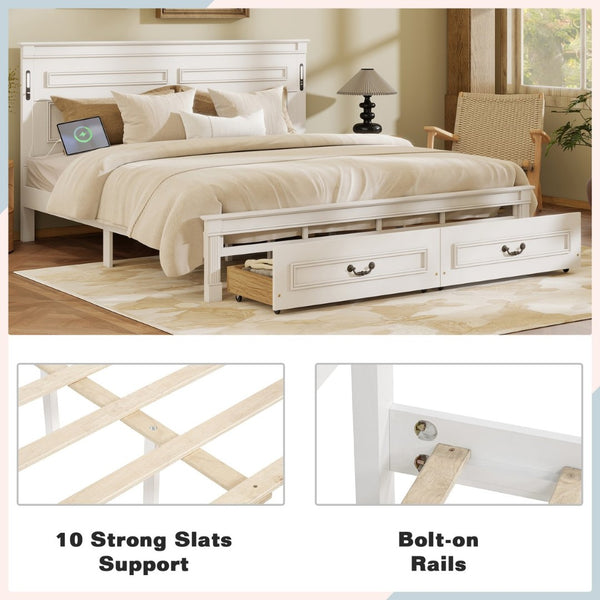 English Elm King Pine Wood Storage Bed with Led Lighting Usb Charging Tall Panel Headboard White W504S00269