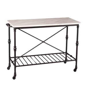 English Elm Morenci Industrial Kitchen Island with Marble-Look Top, Matte Black Rolling Cart, Shelves & X-Frame Organizing Charm B20479423