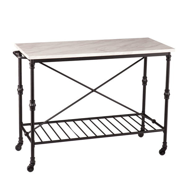 English Elm Morenci Industrial Kitchen Island with Marble-Look Top, Matte Black Rolling Cart, Shelves & X-Frame Organizing Charm B20479423
