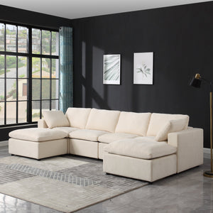 English Elm 123.6" Modular Sectional Sofa - Versatile U-Shaped Couch With Reversible Chaise & Ottomans In Beige W1123S00048