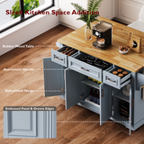 English Elm K&K 54Inch Large Kitchen Island With Rubber Wood Drop Leaf, Embossed Texture Rolling Kitchen Cart On 4 Wheels With 4 Doors and 3 Drawers, Kitchen Island With Storage For Kitchen, Dining Room,Grey Blue