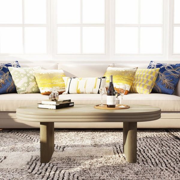 English Elm Mid Century Modern Oval Fluted Coffee Table with Wood Veneer for Living Room Natural W757P370240