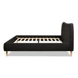 King Platform Bed with Curved Upholstered Headboard in Ebony Black Boucle