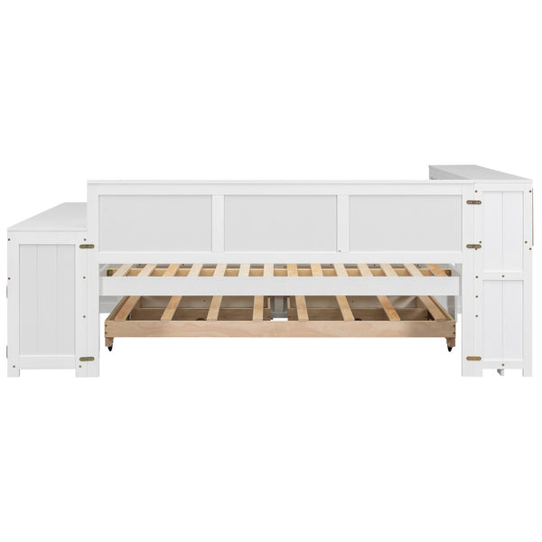 English Elm Full Size Pine Wood Platform Daybed with Led Headboard Desk Storage and Charging White N7090000475K-1