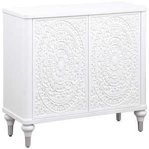 English Elm Angus White 2-Door Mandala Accent Cabinet with Carved Floral Medallions, Adjustable Shelf, Push-Open Elegance B062P299809