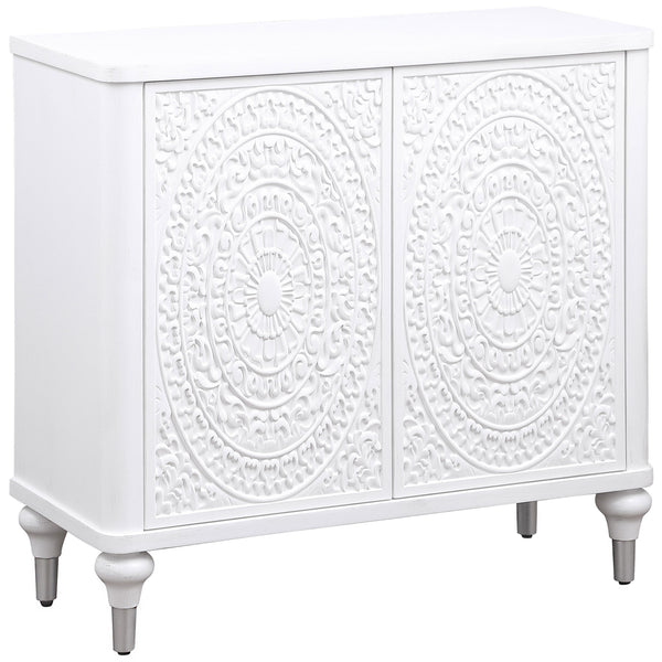 English Elm Angus White 2-Door Mandala Accent Cabinet with Carved Floral Medallions, Adjustable Shelf, Push-Open Elegance B062P299809