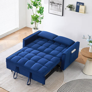 English Elm The 55-inch Blue Velvet Sofa Bed with Tufted Design, 2-Seater Convertible Couch, Durable 500lb Frame W3371P314998