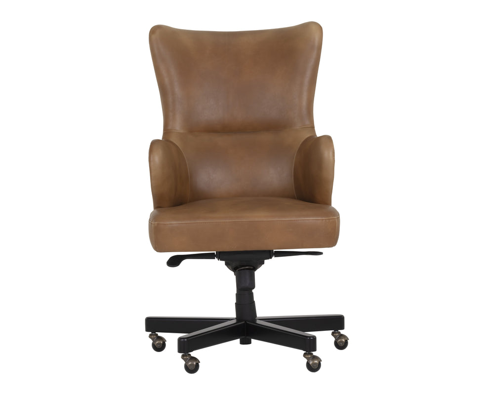 Sunpan Hubert Regal Office Chair - Wingback Design in Tobacco Tan Faux Leather with Black Birch Base