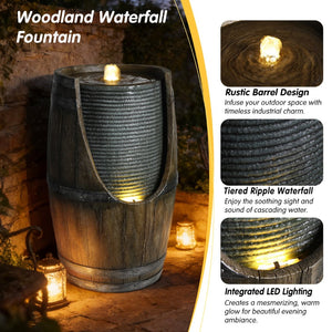 English Elm Outdoor Rustic Barrel Resin Fountain with Led Lights Farmhouse Waterfall Patio Decor Grayish Green W5397P453959