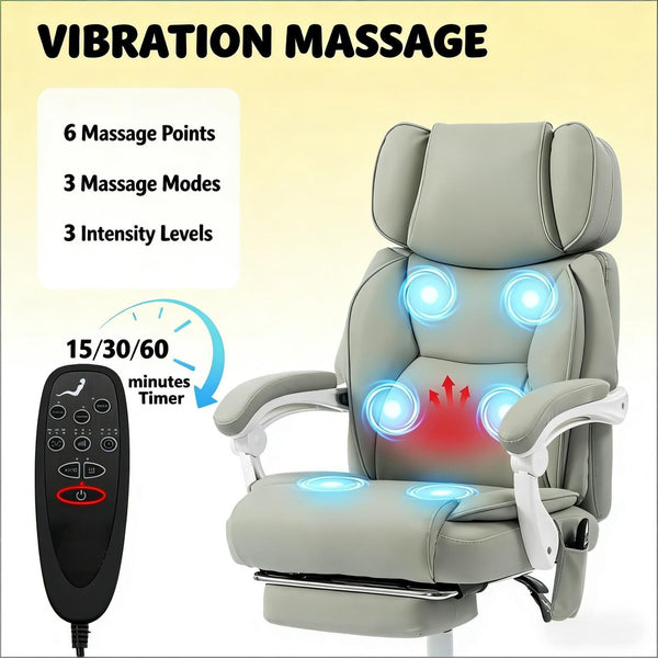 English Elm Computer Massage Office Chair High Back Pu Leather Reclining with Footrest Support Light Gray,White T3971P476207