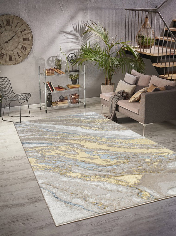 English Elm "Adina" Luxury Area Rug - Beige, Gold & Blue Abstract Design For Modern Living Spaces & Durability B030P216149