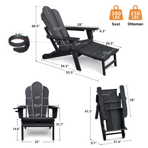 English Elm Folding Outdoor Hdpe Adirondack Chair with Retractable Ottoman for Deck or Patio Black W1889P450821