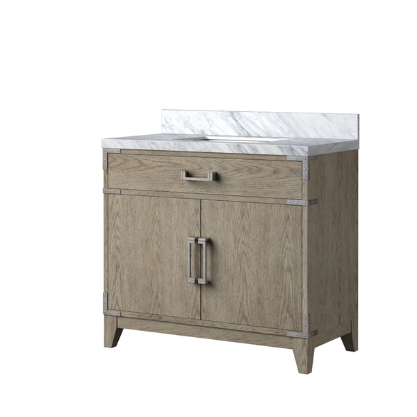English Elm Grey Oak Single Bath Vanity With Carrara Marble Top - Elegant Design, Soft-Close Doors & Storage Solutions B2731P259788