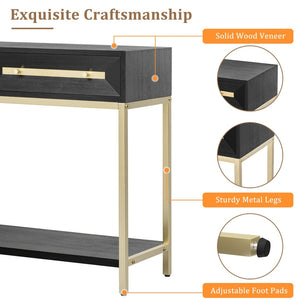 English Elm Trexm Retro Modern Console Table Two Drawers Geometric Matte Black Gold Entryway N715P227910B