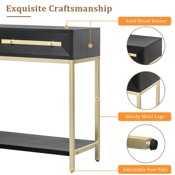 English Elm Trexm Retro Modern Console Table Two Drawers Geometric Matte Black Gold Entryway N715P227910B