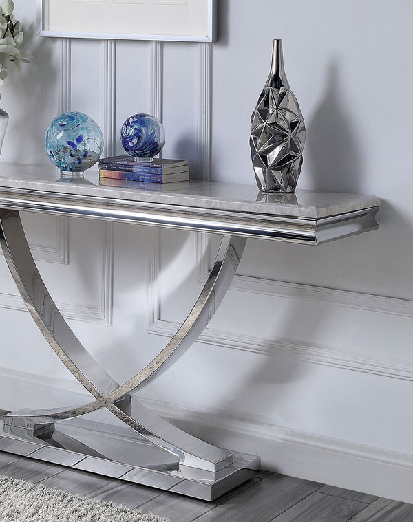 English Elm Glam Luxurious Sofa Table with Faux Marble Beveled Top and Curved Pedestal Base for Elegant Living Rooms Chrome 19 L x 58 W x 4 H B2741S00432