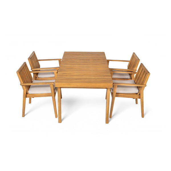 English Elm Christopher Knight Home® - Durable 5-Piece Outdoor Dining Set - Acacia Wood Table & 4 Heavy-Duty Cushioned Chairs, Natural Finish N779P234497N-2_N779P234500N