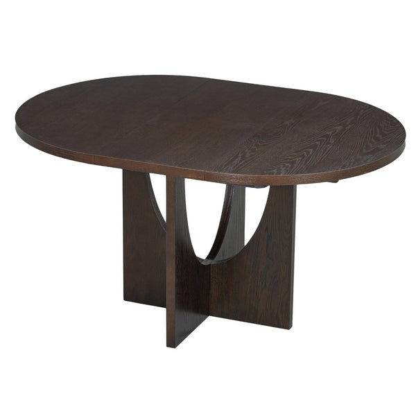 English Elm Topmax Extendable Round Dining Set with Linen Chairs and Pedestal Base Seats Five Espresso N717S000062P