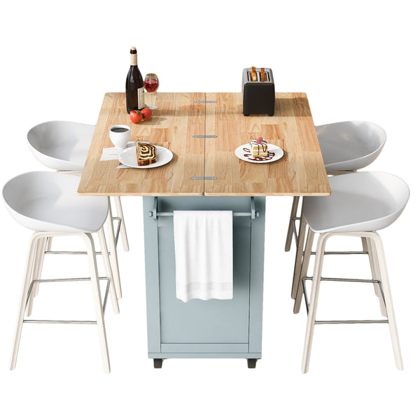 English Elm K&K Kitchen Island with Foldable Countertop, Spacious Mobile Storage Cart, Soft-Close Doors, Durable Rubberwood Top and Locking Wheels Grey-Blue N707P173036G