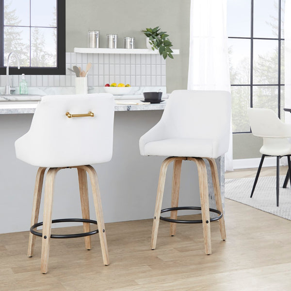 English Elm 26" Swivel Counter Stools Set of 2 Faux Leather Gold Accents Whitewashed Wood B202S01836