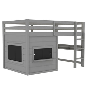 English Elm Twin Loft Bed House Frame with Sliding Chalkboard Built-in Bookshelf and Safety Rails Gray W1580S00320