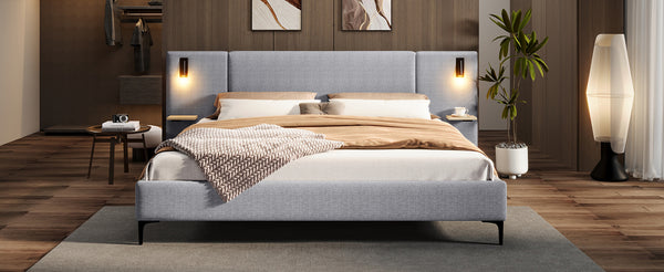 English Elm Christopher Knight Home® - Chic Linen Upholstered Bed With Integrated Lighting & Shelving, Grey Queen, Stylish Bedroom Retreat N769P264794Q